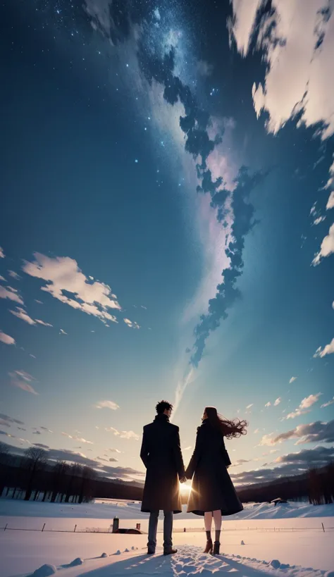 anime scene of a couple standing on a snowy field with the sky in the background,i can't see facial expressions，the man is weari...