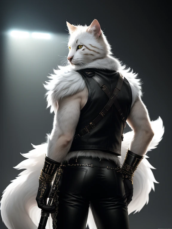 A cute wild cat with white fur stands on his hind legs in leather pants and a vest, realistic fantasy  , full length, в лесу Cinematic, 8K, HDR, ((complex parts, Hyper detailed)), (with backlight:1.3), (Cinematic:1.3), (art station:1.3)