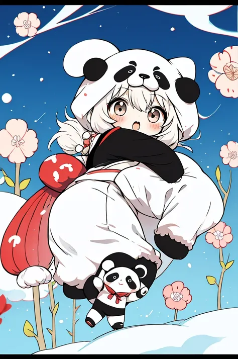 Japanese cartoons、Chibi girl in panda costume、Cute pose、Take a picture from the side