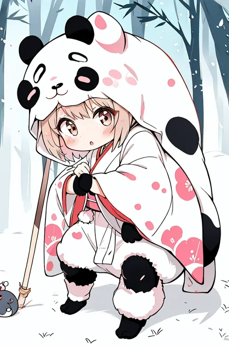 Japanese cartoons、Chibi girl in panda costume、Cute pose、Take a picture from the side