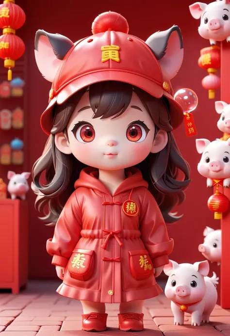 super cute girl wearing chinese pig hat, bright eyes, red wall, bubble mart blind box, 3d rendering，hairy