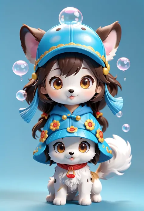 Super cute girl wearing Chinese dog hat, Bright Eyes, Bubble Mart Blind Box, 3d rendering，hairy