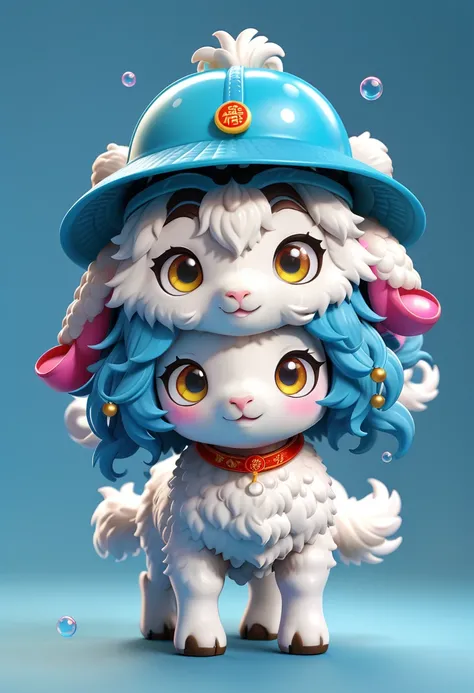 Wearing a Chinese sheep hat,  Bright Eyes, Bubble Mart Blind Box, 3d rendering，hairy