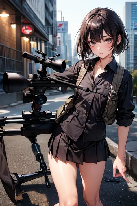 (((Accurate and detailed depiction of a sniper rifle:1.7))),(((Perfect Anatomy:1.4,Realistic:1.4,Raw photo:1.4,masterpiece、highest quality、Ultra - High resolution、High resolution、Extremely detailed CG、8k))),Cowboy Shot,1 female,alone、18 year old beauty,Jap...