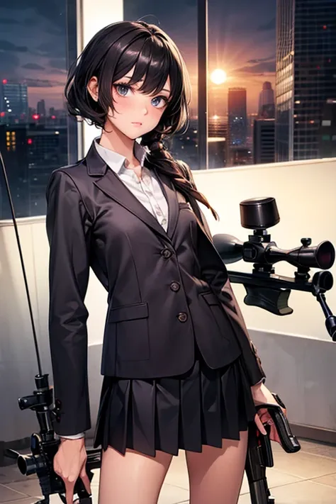 (((Accurate and detailed depiction of a sniper rifle:1.7))),(((Perfect Anatomy:1.4,Realistic:1.4,Raw photo:1.4,masterpiece、highest quality、Ultra - High resolution、High resolution、Extremely detailed CG、8k))),Cowboy Shot,1 female,alone、18 year old beauty,Jap...