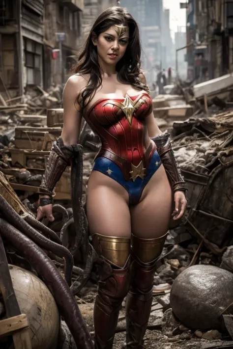 in the rubble muck and debrisCovered with tentacles, teen wonder woman, Tentacles around the body, many tentacles, Fine details，Tentacled，Tied with tentacles，，drooling，Crying，Detailed body，Full limbs，cameltoe