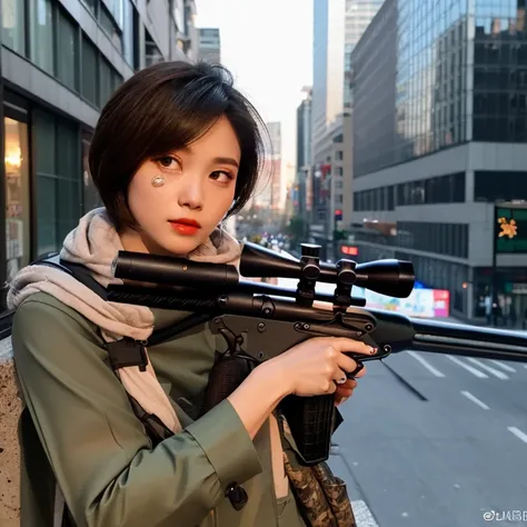 (((Accurate and detailed depiction of a sniper rifle:1.7))),(((Perfect Anatomy:1.4,Realistic:1.4,Raw photo:1.4,masterpiece、highest quality、Ultra - High resolution、High resolution、Extremely detailed CG、8k))),Cowboy Shot,1 female,alone、18 year old beauty,Jap...