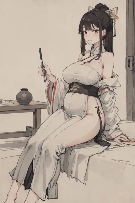 (masterpiece, best quality: 1.2), Traditional Chinese ink painting, A sexy and lovely 18-year-old woman，Medium chest, Oversized dress :1.2, bench, Ultra-fine face, delicate eyes, Double eyelids, SFW , Long skirt，Large Breasts，Pregnant，Big, big belly，Oversi...