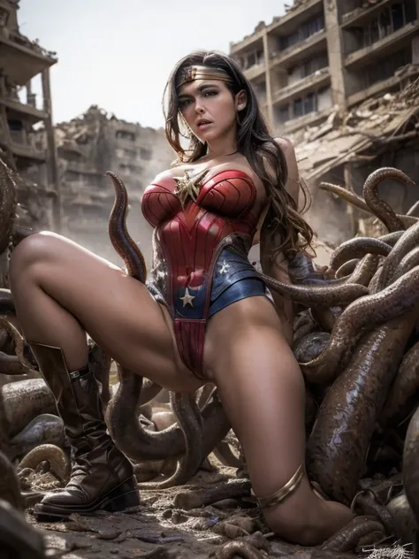 in the rubble muck and debrisCovered with tentacles, teen wonder woman, Tentacles around the body, many tentacles, Fine details，Tentacled，Tied with tentacles，giant black tentacles，drooling，Crying，Detailed body，Full limbs，cameltoe