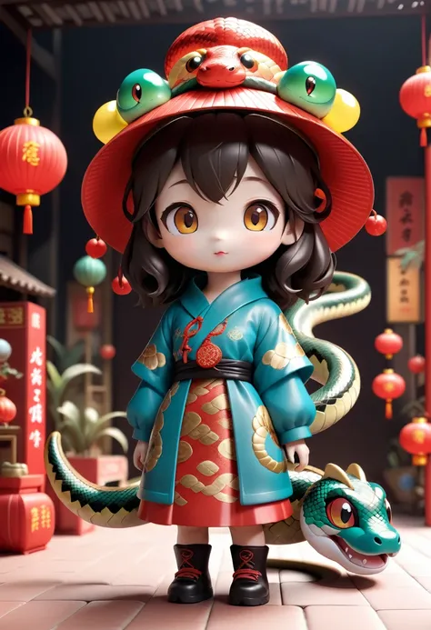 Cute girl wearing Chinese snake hat T, Bright Eyes, Bubble Mart Blind Box, 3d rendering