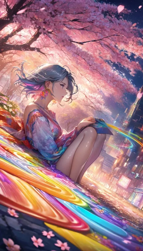 Anime Style, Ultra-fine illustrations, Very detailedな, Dynamic Angle, Beautiful details, 8k, On a Spring Night, Cherry blossom tree illuminated by city lights々is quietly shining. Break A woman stops, I was fascinated by the beautiful scenery, Watching the ...