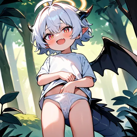 （masterpiece：1.2，high quality），8K，High resolution，A seven-year-old boy，cute boy，white hair，short hair，light red eyes，slit pupils， ahoge，Dragon Horn，Pointed ears，laughing，skin fang，Halo，It has black wings on the back，Wearing a white shirt，no shorts，white pa...