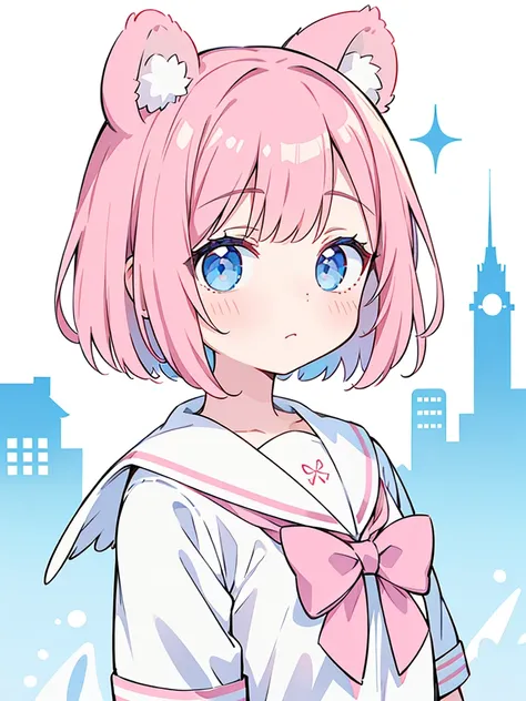 ski style, 1 girl, alone, pink hair, animal ears, blue eyes, wing, looking at the viewer, bangs, short hair, bow, sailor collar, white sailor collar, hair bow, pink bow, closed mouth, shirt, white shirt, bear ears, bob cut, mini wing, portrait, detached wi...