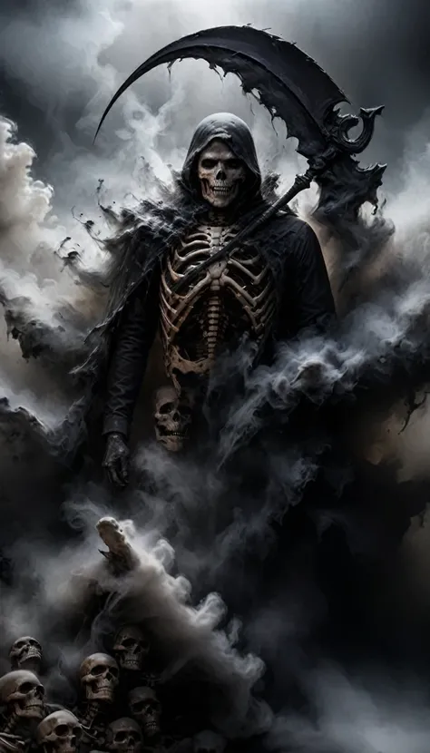 detailed, realistic, digital painting, 8k, fog forming the figure of a grim reaper with scythe, a reaper rising from smoke, skel...