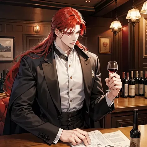 perfect fingers , manhwa style , male character 
, face cool , red hair , Big muscle , Tall , black long coat , bar restaurant backdrop , sitting in a chair , table with a bottle of wine , romantic atmosphere