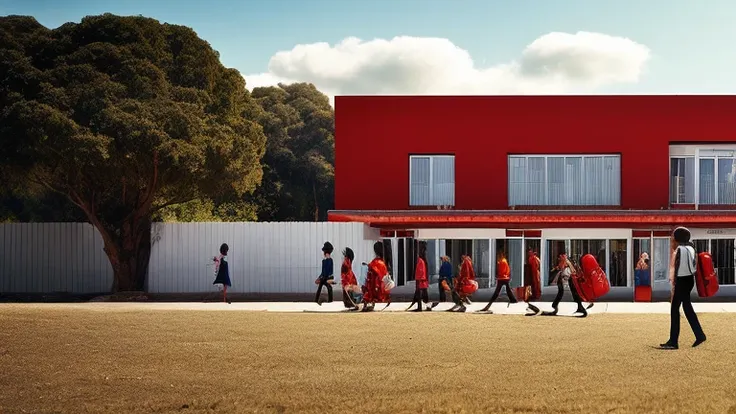 White wall school, Teaching Building, playground, Ultra wide angle, Several students are walking with their school bags on their backs, The solemn five-star red flag, , Stand tall proudly. The sky is a picturesque backdrop, Decorated with fluffy clouds，See...