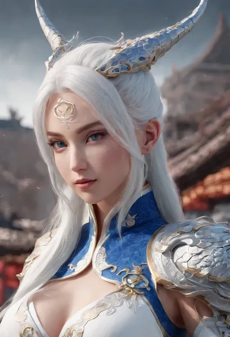 Cirilla Fiona Elen Riannon，Excellent picture quality，Outstanding details，Ultra-high resolution，（Fidelity：1.4）, Prioritize details，Split close-up，Ride the dragon，High-tech robot dragon knight，He has a gentle and beautiful face，（（Blue and white flying semi-m...