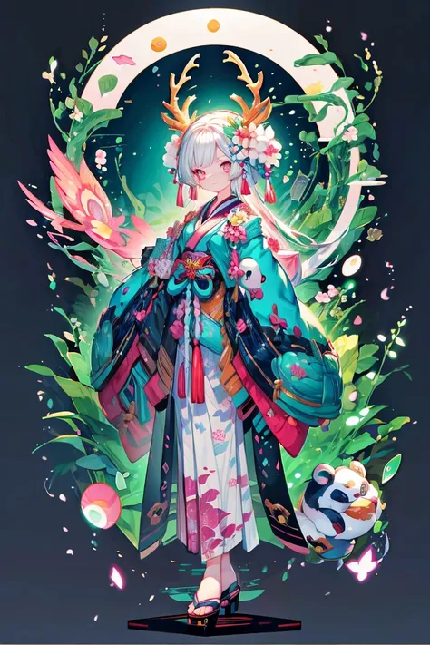 (Masterpiece:1.2)，Best quality，white backgrounid，Bamboo leaves，（1Blittle girl：1.5，Full body standing painting，looking at viewert），deer antlers, Entwined vines, petals, Pink and white clothes，long  skirt，facial closeups，big beatiful eyes，detailed face with，...