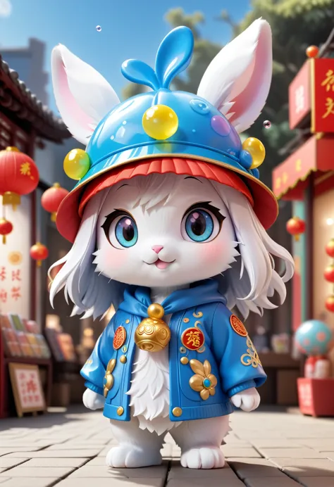 wearing a chinese rabbit hat, bright eyes, bubble mart blind box, 3d rendering