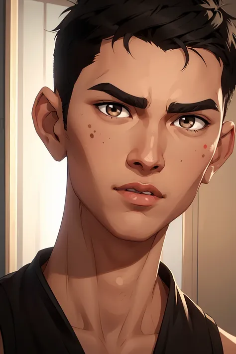 Asian guy, short black hair in crew-cut hairstyle, dark brown eyes, small straight nose, round face, slim, tall and slim, basketballer body type, average face, beauty spot on cheek, super wide mouth with thin lips ((close-up of face))