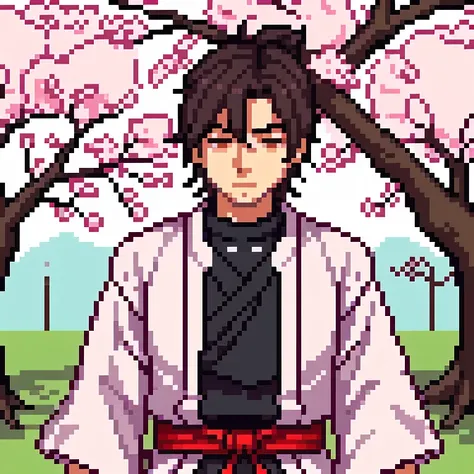 Make a samurai, he is under a cherry tree holding his sword 