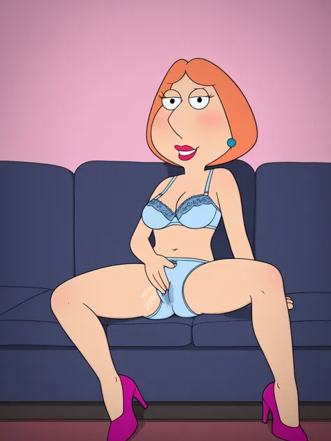 score_9_up,score_8_up,score_6,score_5,score_4,lois, dot pupils, 1girl, blue earrings, jewelry, short hair, solo, lipstick, makeup, orange hair, lace bra, lace panties, breasts, flat color, smile,looking at viewer, hand on own hip, sitting on sofa spread le...