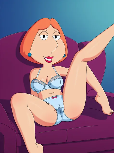 score_9_up,score_8_up,score_6,score_5,score_4,lois, dot pupils, 1girl, blue earrings, jewelry, short hair, solo, lipstick, makeup, orange hair, lace bra, lace panties, breasts, flat color, smile,looking at viewer, hand on own hip, sitting on sofa spread le...