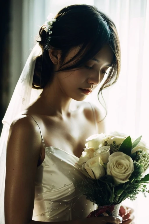 Wedding dress,Half Body,View here,tears,Disheveled Hair,flower,bouquet,Rose,woman,White Dress、Close-up image、Night view、Night Town、Blonde,Half Up,sad,dark,scratch,Bleeding
