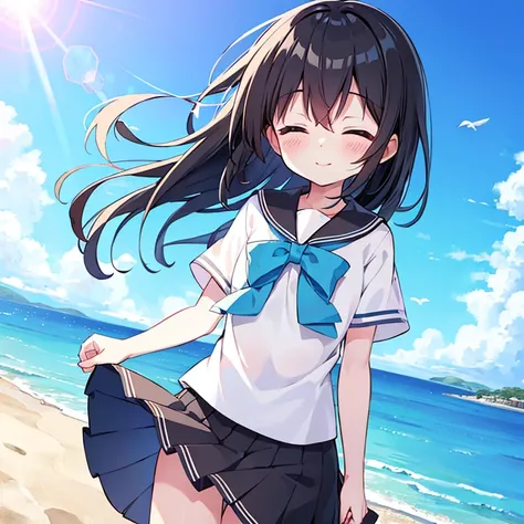 absurderes, hight resolution, (Anime style:1.1), ((masutepiece)), ((Best Quality)), (Ultra-detailed), (Beautiful), solo, Beautiful face、(liftup),Cute  standing on the street in Mediterranean port city,Wind,of shiny pale black hair, Colorful eyes,Cute summe...