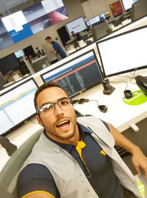 A man in his thirties, with short brunette hair, a dark blue shirt, and wearing an airport workers vest and very formidable glasses, 