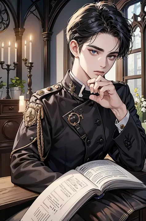 ((Best quality)), ((masterpiece)), (detailed), ((perfect face)), ((halfbody)) perfect proportions ,He is a handsome student, 18 years old, short hair, topless in uniform, there is a background of a school gothic room with lit candles, gnostic vibe ((perfec...