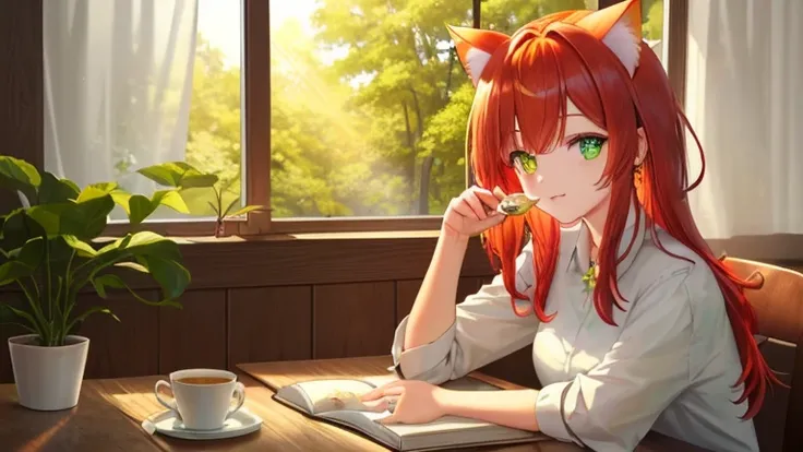 Peaceful landscape on a sunny day: girl, Cat ears growing out of his head,Wearing a short-sleeved shirt、Checking your smartphone while eating a parfait at a cafe,(girlの目の中には星がある:1.4),(Eye color: The right eye is yellow、The left eye is green:1.9), Take a re...