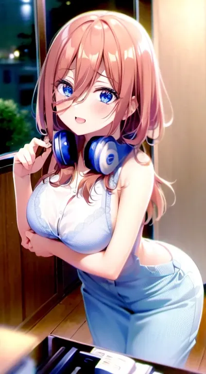 Sexy anime girl (masterpiece, high quality, high res), Nakano Miku (quintessential quintuplets), brown hair, blush, detailed face, unbuttoned shirt, white translucent panties, wet, hot, on the bed, sexy, horny