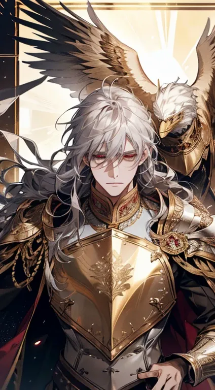 A man, silver hair, gold Eagle knight, fine armor, intricate design, red details, silk, cinematic lighting, 4k, floating hair, sharp, prism, shining knight