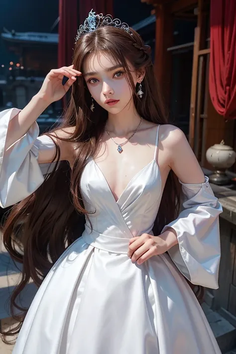 15 years old、woman、whole body、Evil Face, Red eyes, Iris,Brown Hair、Summit、White Wedding Dress、Long Hair、whole body、Shoulders stick out、tiara、Small breasts、Earrings、necklace、temple