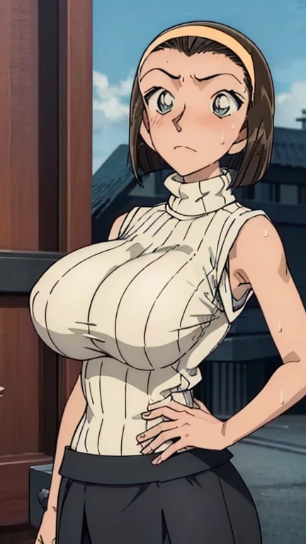 Looking into the camera、When I Look at You、lookatviewer、Anime Style、Eroge、1 girl,  (Huge long breasts:1.5), (((Beige sleeveless high neck knit vertical sweater、Black long maxi tight skirt)))、Low - Angle、Brown haired, hair band、Bob Hair、The forehead is visi...