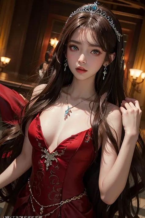 15 years old、woman、whole body、Evil Face, Red eyes, Iris,Brown Hair、Summit、Mermaid Wedding Dress、Long Hair、whole body、Shoulders stick out、tiara、Small breasts、Earrings、necklace、temple