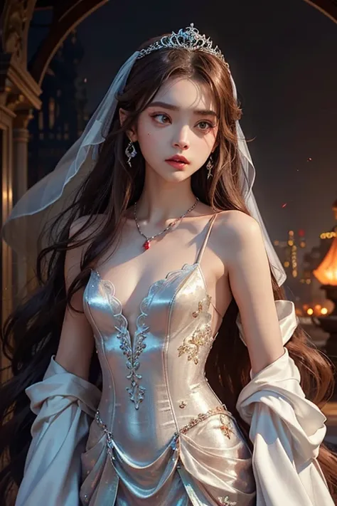 15 years old、woman、whole body、Evil Face, Red eyes, Iris,Brown Hair、Summit、Mermaid Wedding Dress、Long Hair、whole body、Shoulders stick out、tiara、Small breasts、Earrings、necklace、temple