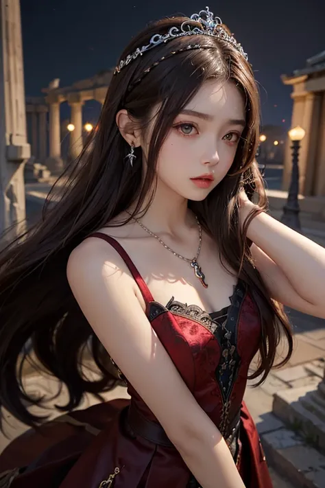 15 years old、woman、whole body、Evil Face, Red eyes, Iris,Brown Hair、dress、Long Hair、whole body、Shoulders stick out、tiara、Small breasts、Earrings、necklace、Temple of Athena