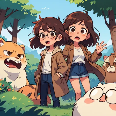 
cartoon girl in a brown coat and white shirt, slightly surprised face, slightly open mouth, Brown eyes, medium length shaggy slightly wavy brown tousled hair, glasses with lenses

