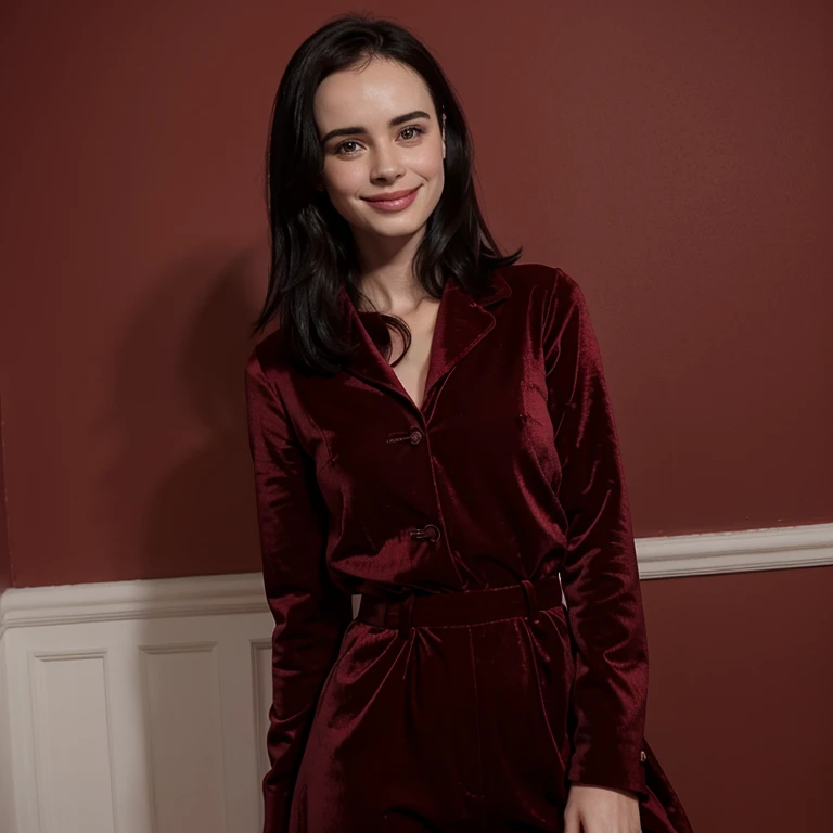 Krysten Ritter dressed in red velvet clothing and smiling