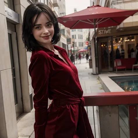 Krysten Ritter dressed in red velvet clothing and smiling