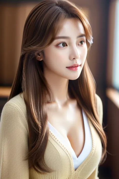 ((highest quality)), ((masterpiece)), (detailed), Leaning forward、Perfect Face、Perfect body、Light brown hair、Beautiful Skin、Korean Beauty、(masterpiece:1.3), (8k, Photorealistic, Raw photo, Best image quality: 1.4), (Random Hairstyles:1.2)、Cleavage:1.2、deta...