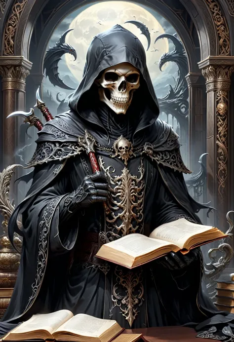 Black Grim Reaper, reading, (masterpiece, best quality, Professional, perfect composition, very aesthetic, absurdres, ultra-detailed, intricate details:1.3)