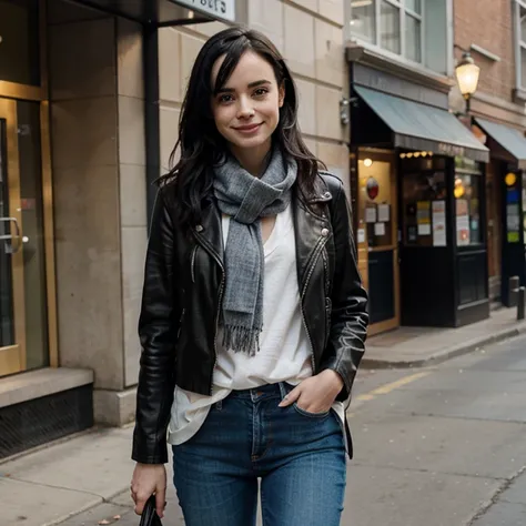 Krysten Ritter dressed in a leather jacket and jeans wearing a scarf and smiling