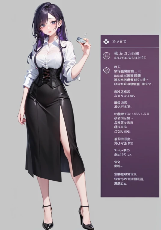 Purple hair,long hair,Adult female,(bartender),((Roll up your shirt sleeves)),(Rolling up the sleeves of his shirt),(corset),(skirt),(High heels),((Simple Background)),smile,((whole body)),((full body)),Character Sheet,