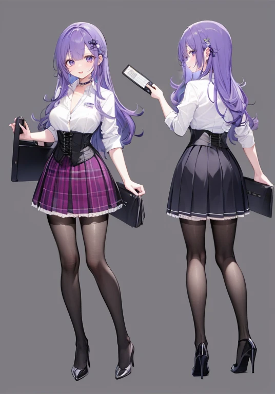 Purple hair,long hair,Adult female,(bartender),((Roll up your shirt sleeves)),(Rolling up the sleeves of his shirt),(corset),(skirt),(High heels),((Simple Background)),smile,((whole body)),((full body)),Character Sheet,