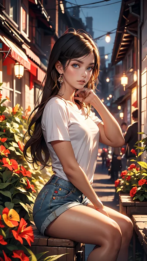 highest quality, masterpiece, Ultra-high resolution, (Genuine: 1.4), Original photo, (Evening City), 1 girl, Iris, Looking at the audience, Long Hair, light makeup, lips, Small ears, White T-shirt, Denim shorts, Earrings, Sit in Ferrari,, slim, Neat, garde...