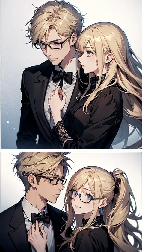 With anime style illustrations、A young man and woman couple appears。The man has blue eyes、Wearing a black suit jacket。The woman is blonde and wears glasses.、She&#39;s wearing soft pink clothes。The two of them pose intimately、The background has vibrant blue...