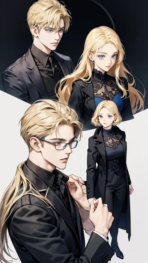 With anime style illustrations、A young man and woman couple appears。The man has blue eyes、Wearing a black suit jacket。The woman is blonde and wears glasses.、She&#39;s wearing soft pink clothes。The two of them pose intimately、The background has vibrant blue...